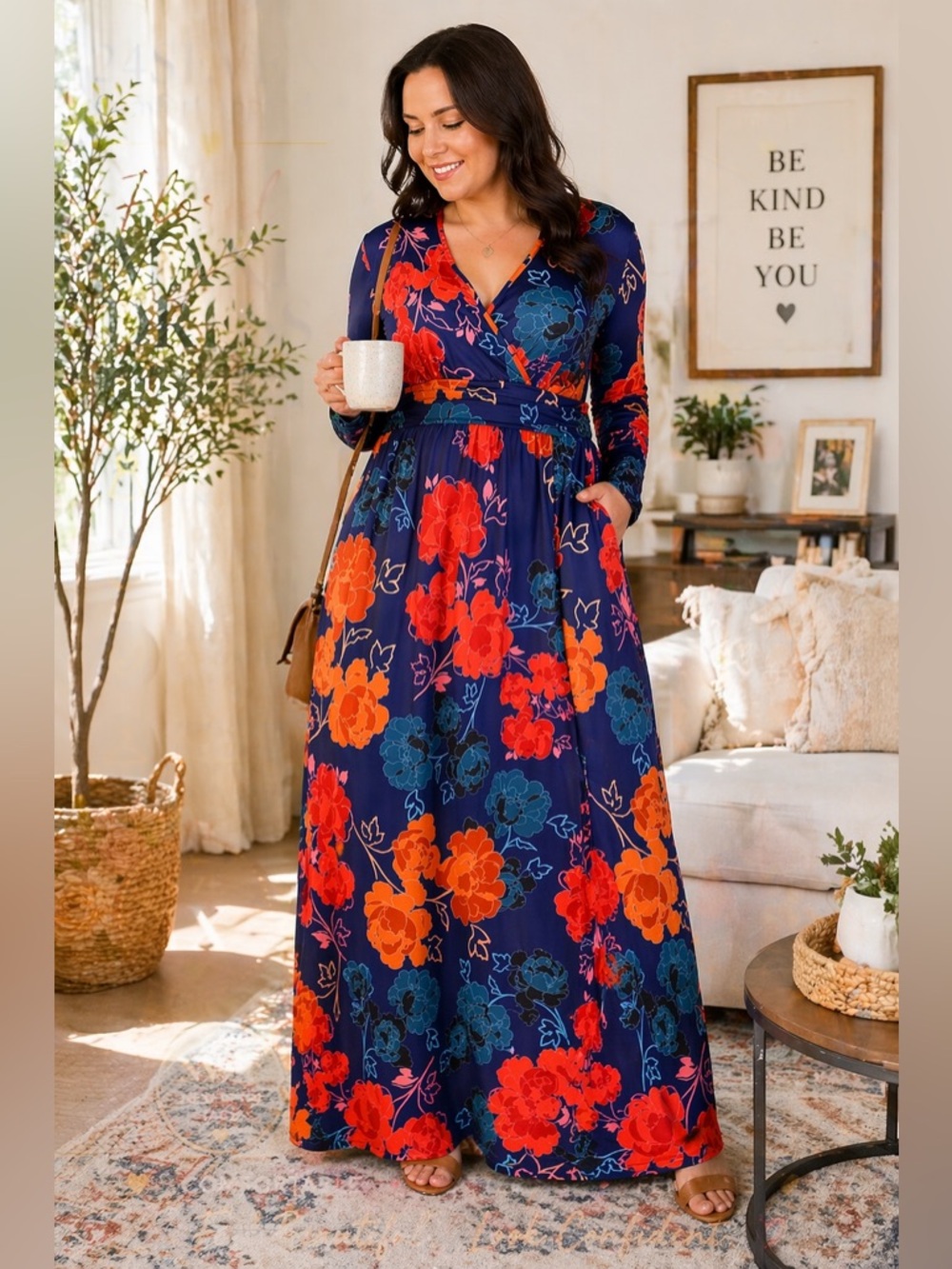 24seven Orange Blue Maxi Dress Floral Print Plus Size 1X Pockets NWT